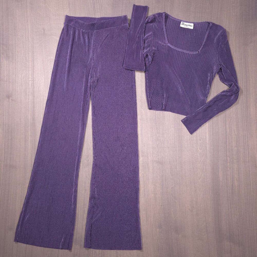 No Boundaries Purple Plisse Velvet Ribbed 2-Piece Pant Set Top Wide Leg XS